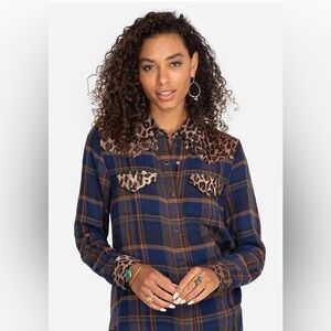 Johnny Was Workshop Plaid/Animal Print Button Down Western Style Shirt